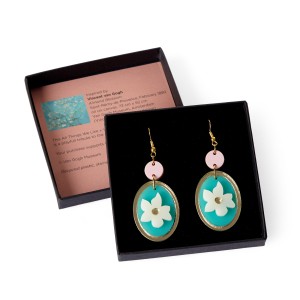 Van Gogh Blue Oval Earrings with White Almond Blossom
