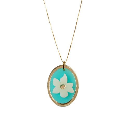 Van Gogh Gold-Plated Necklace with Oval Blue and White Almond Blossom Pendant