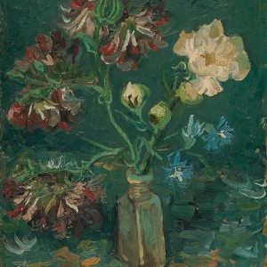 Van Gogh Giclée, Flesje met pioenrozen en blauwe ridderspoor