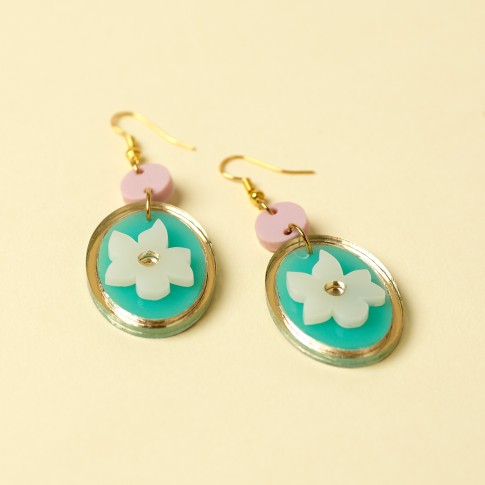 Van Gogh Blue Oval Earrings with White Almond Blossom