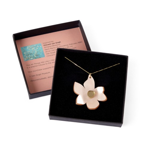 Van Gogh Gold-Plated Necklace with Pink Glossy Almond Blossom Pendant