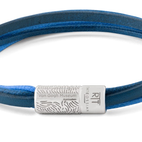 Pulsera múltiples tiras cuero azul Tateossian (plata pulida) S