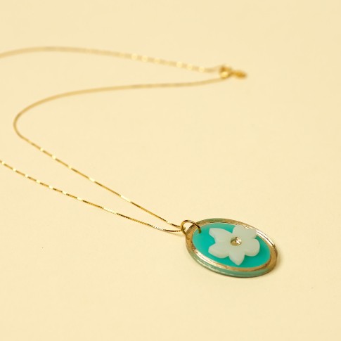 Collar chapado en oro con colgante ovalado azul con blanco Almendro en flor Van Gogh